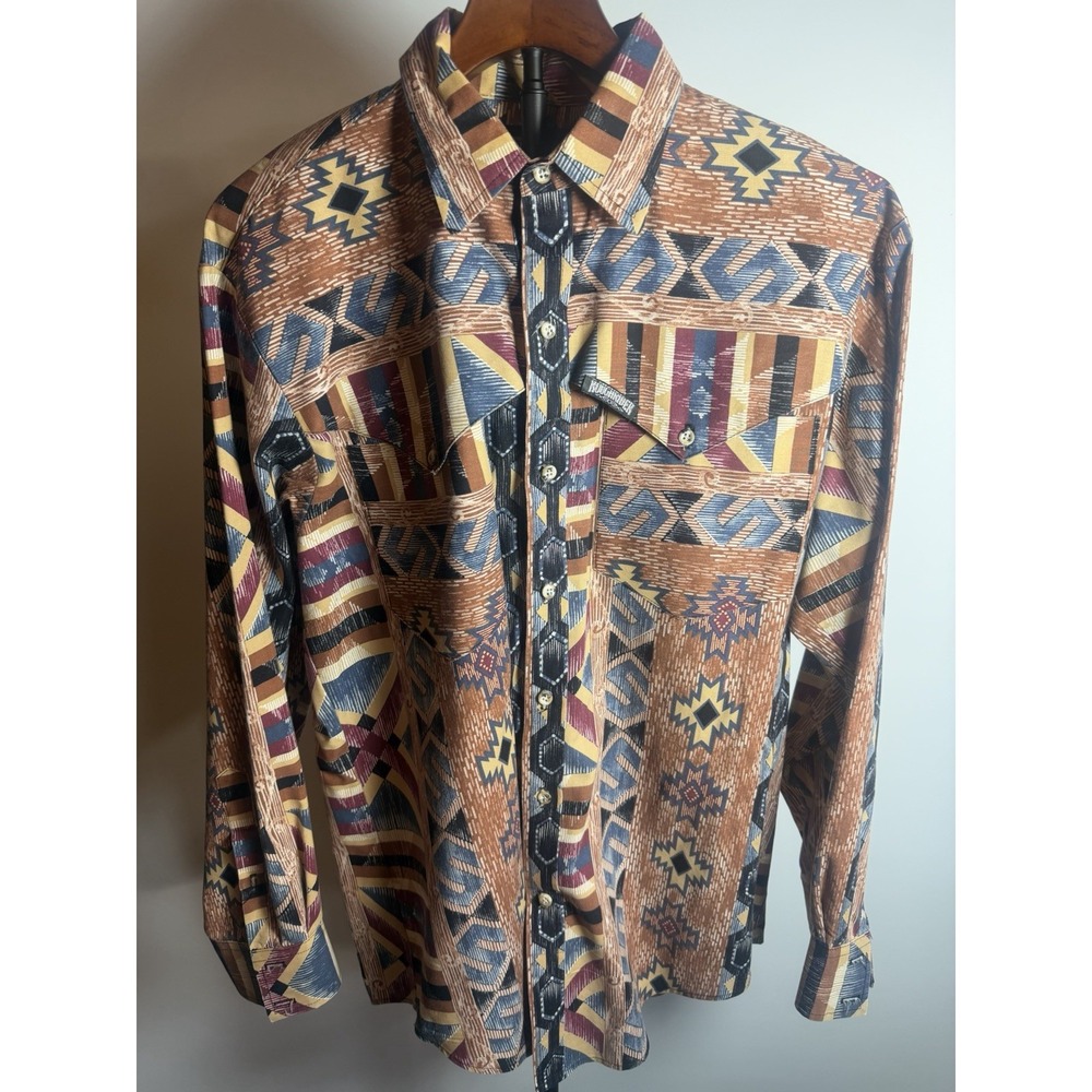 Roughrider By Circle Shirt Button Vtg Long Sleeve M Aztec Print Western Rodeo